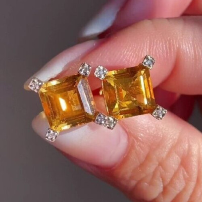 Women's November Birth Stone Princess Citrine CZ Push Back Earring 925 Silver