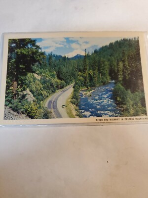 Vintage Postcard River And Highway In Cascade Mountains Oregon 