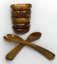 7 pc VTG Dolphin Monkey Pod Wood Salad Bowl Set Fork Spoon Utensils Boho