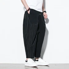 Mens Asymmetrical Striped Elastic Waist Harem Pants Joggers Casual