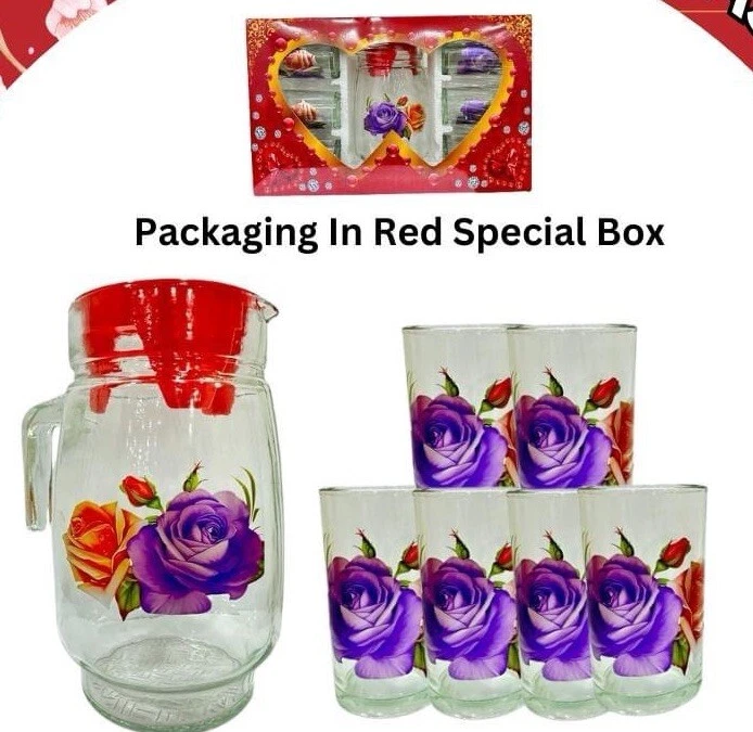 Jug Set 7pcs Flower Pattern Glass - Image 3 of 3