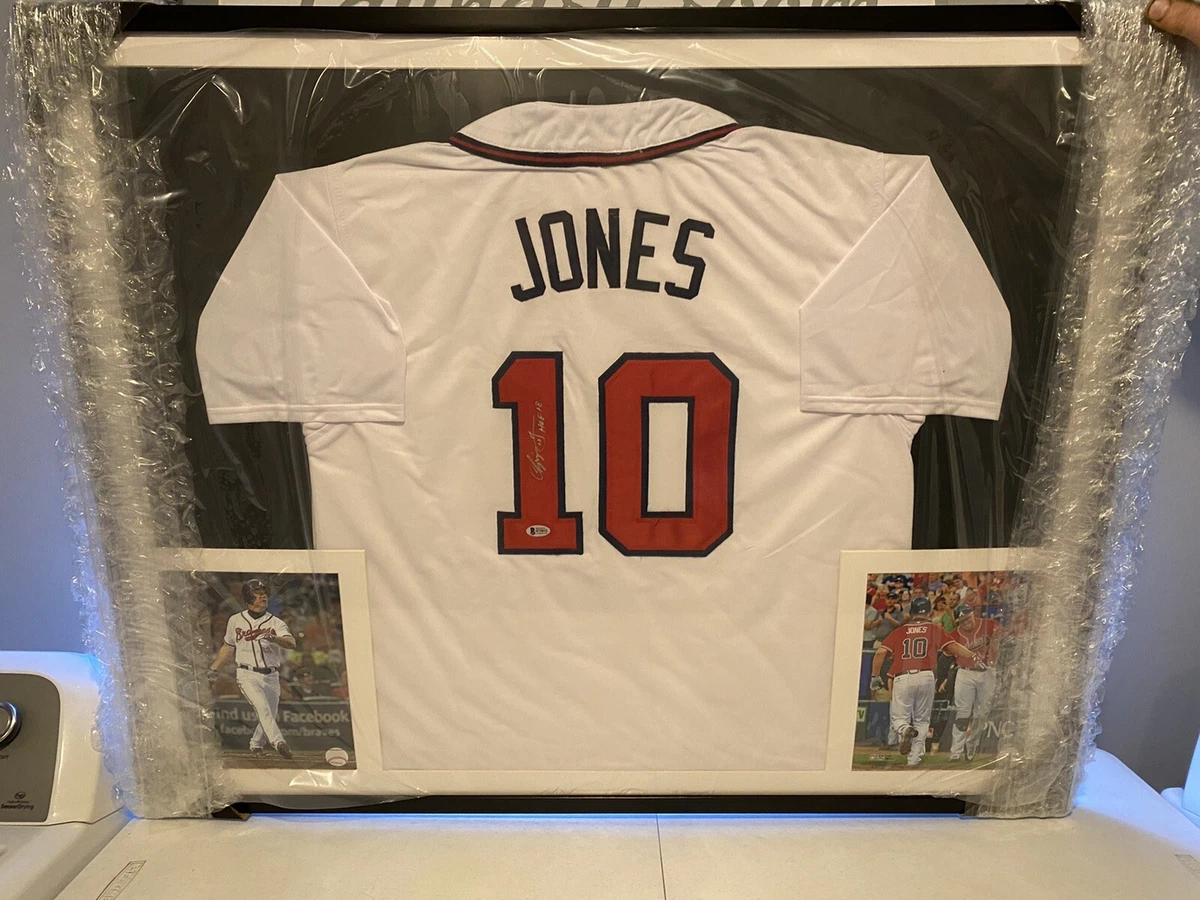 Chipper Jones Autographed & Framed White Braves Jersey Auto Beckett  33.5" X 42"