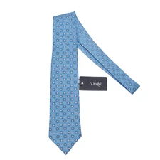 Drake's NWT Neck Tie Light Blue with White & Orange Geometric Pattern 100% Silk