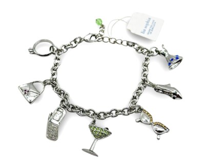 Lia Sophia  Party Girl  Charm Silver Tone Chain Bracelet w/Cut Crystals