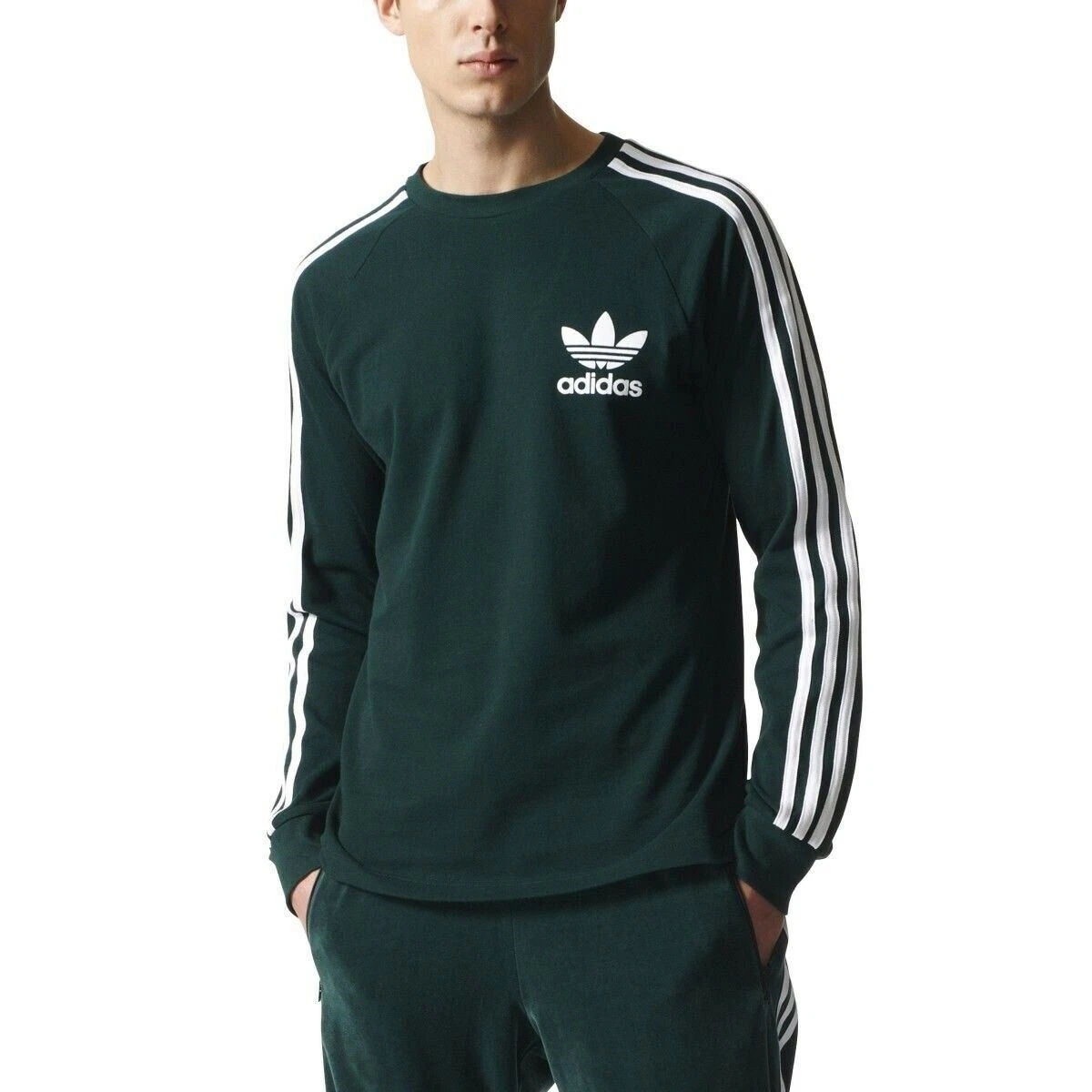 Mens ADIDAS Originals 3 Pique Long Sleeve Tee Green/White | eBay