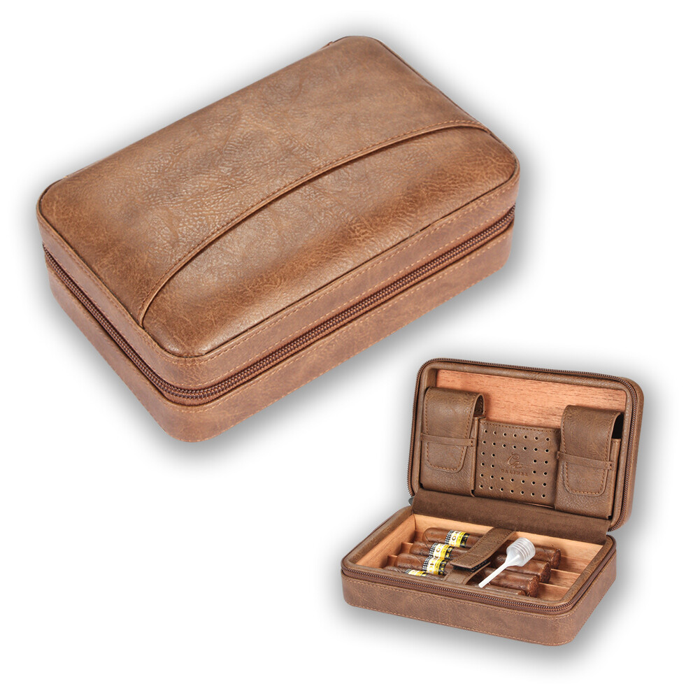 Galiner Travel Leather Cigar Humidor Case Cedar Wood Humidity Box