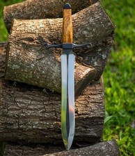 Hunting Double Edge Knife High Carbon Steel With Wood Handle and Leather Sheath