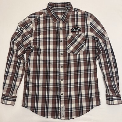 Harley-Davidson Kick Ass Iron Long Sleeve Brown Plaid Men Shirt Patches Size M