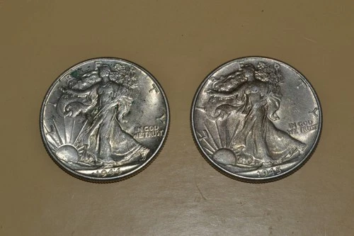 PAIR OF (2) 1944-45 PHILLY WALKING LIBERTY HALF DOLLAR COINS 90% SILVER AU-UNC