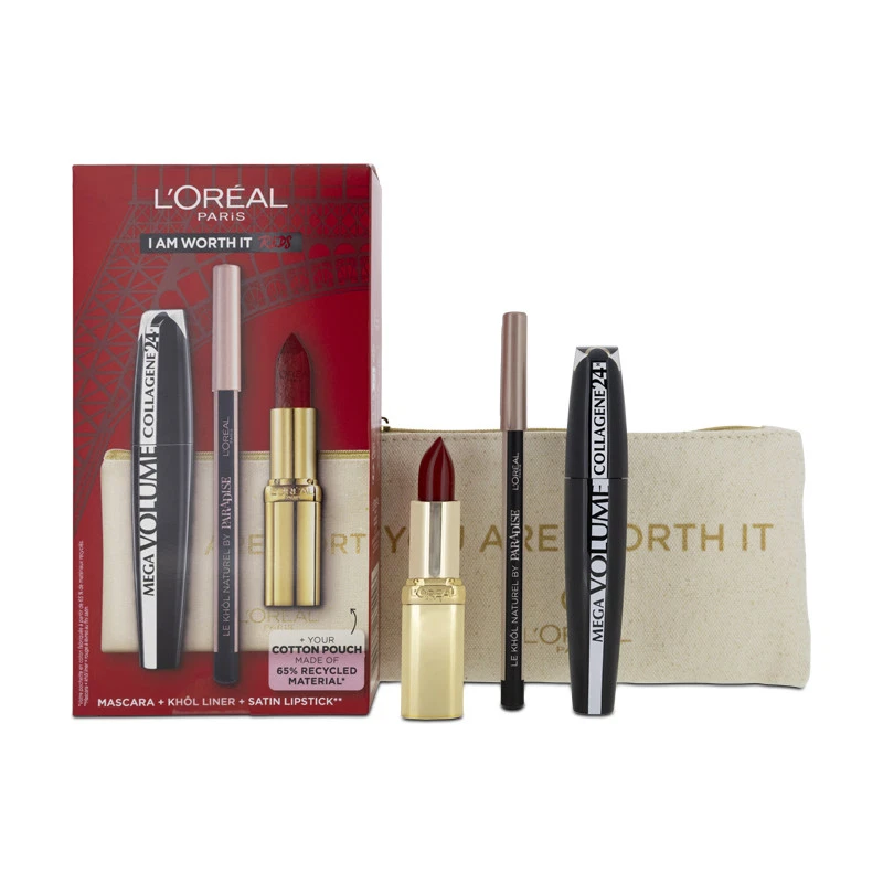 L'Oreal Cosmetic Set Mascara Lipstick Eyeliner I Am Worth It Reds Make Up Bag