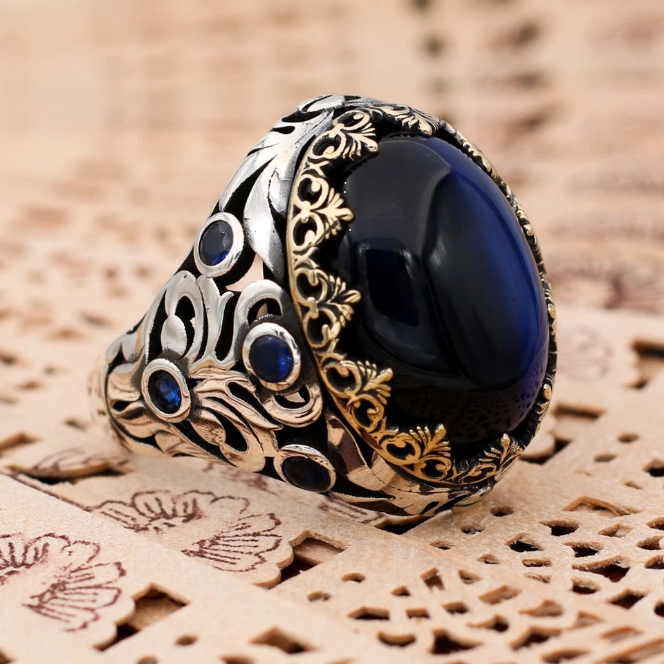 Anillo de plata de ley 925 con piedra de ojo de tigre azul estilo turco para hombre Foto 2 de 4