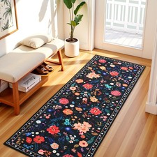 Floral Entryway Runner Rug 2x6, Washable Black Boho Rug for Hallways Non-Slip...