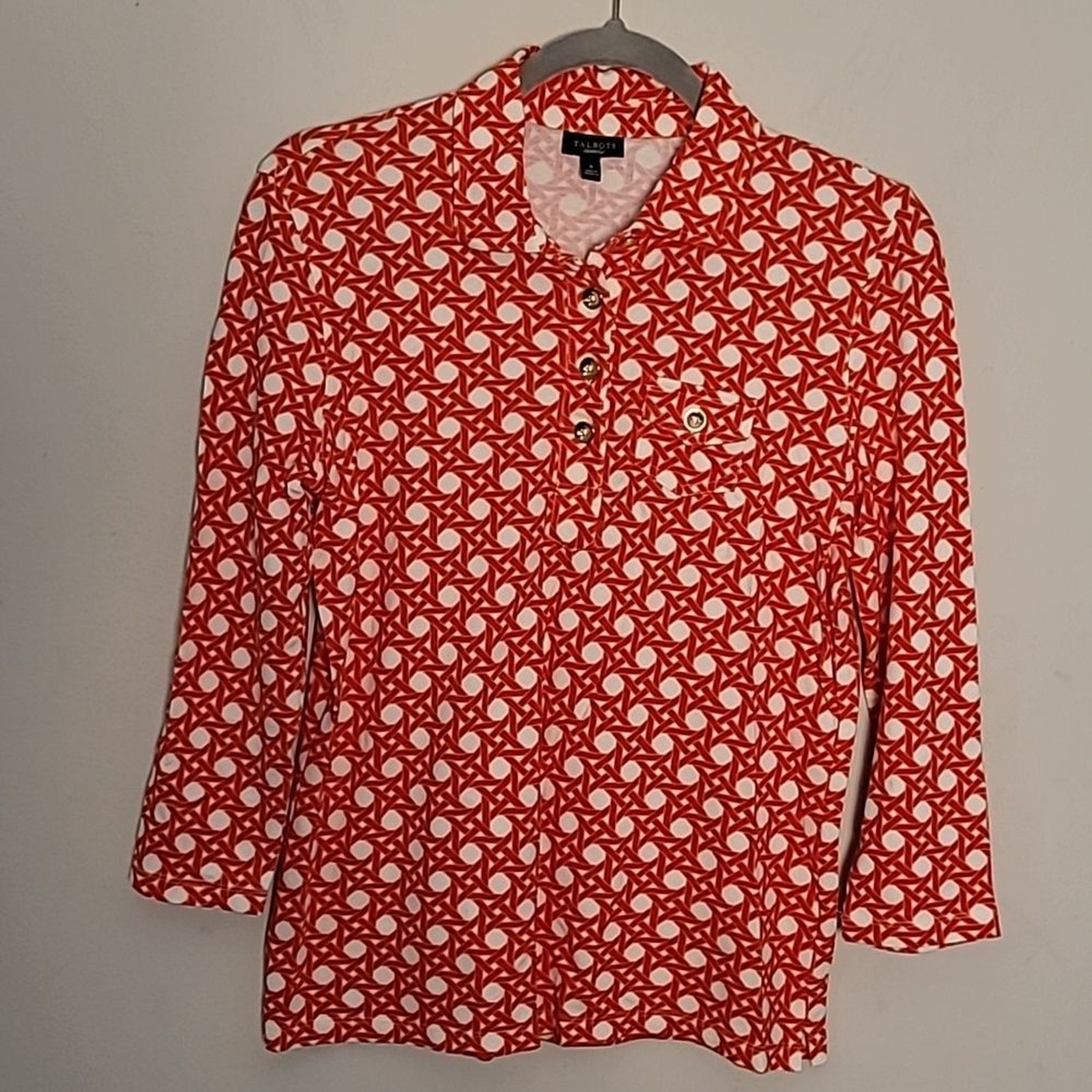 Talbots Orange Geometric Collared Pullover Top Sz… - image 1