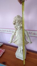 Shy girl white plaster garden room ornament statue cute little girl Vintage 23"