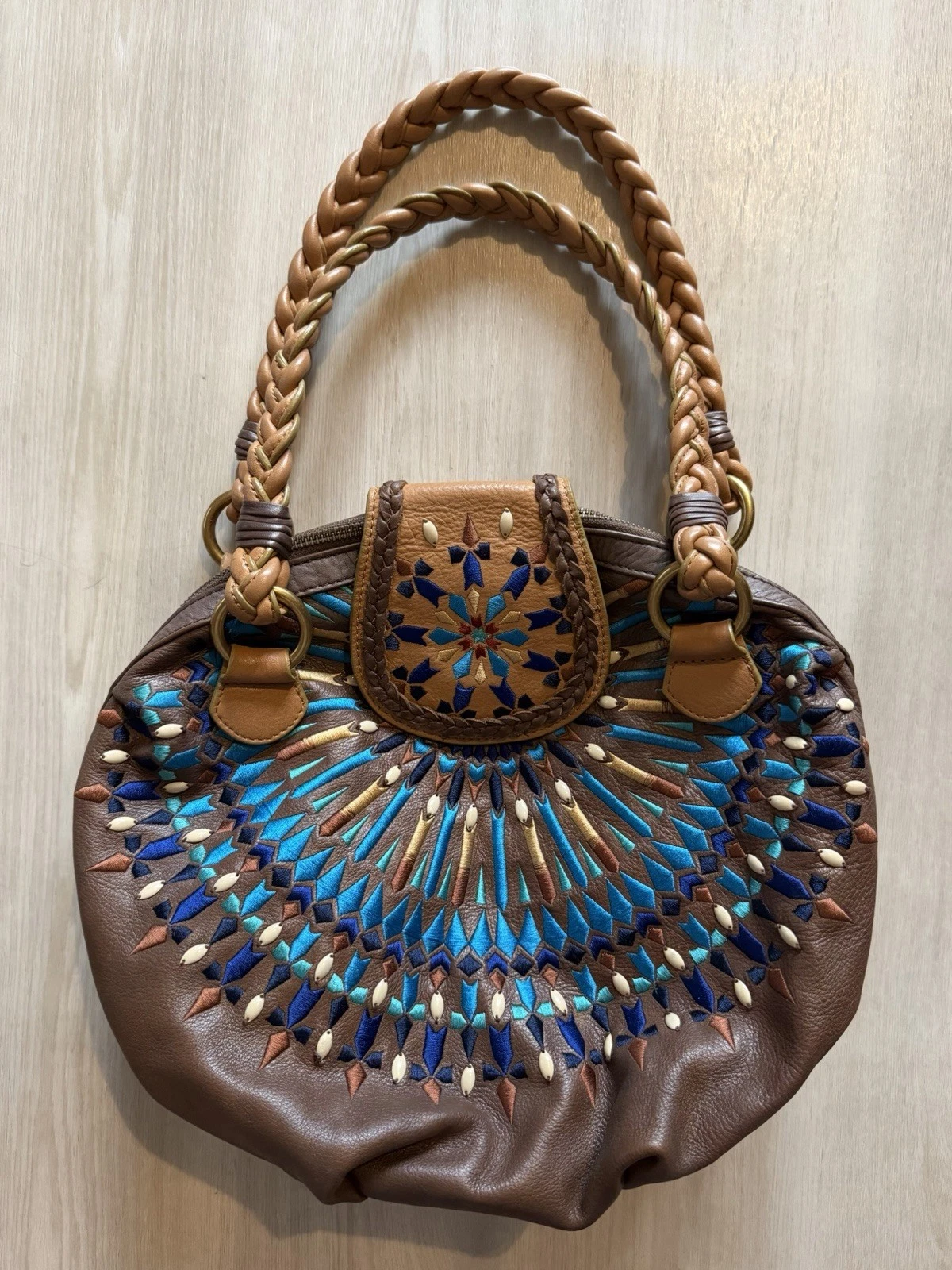 Vintage Isabelle Fiore Handbag Leather Mosaic Embroidered Southwest Western