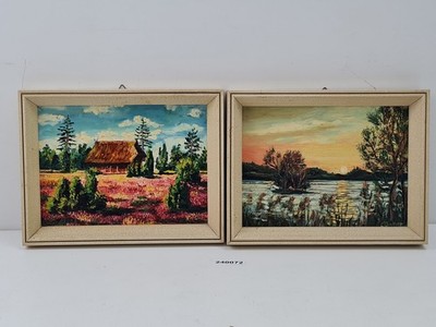 2x Gemälde handgemalt Sonnenuntergang Schwarzwaldhaus Holzrahmen Günther #240072