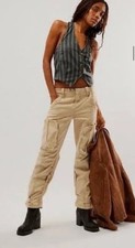 Image of Free People Can't Compare Slouch Pants Cargo Zipper Pockets Rye Khaki Tan M NEW