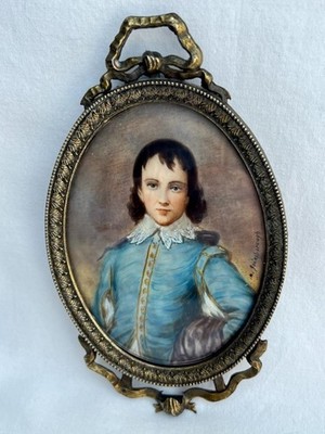 Beautiful Portrait Miniature Painting of The Blue Boy Originally By Gainsborough