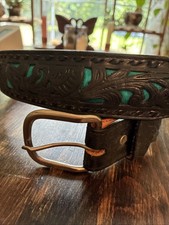 Vintage Women s Circle Y Black Tooled Belt With Teal Sz 32 Small Made In Texas