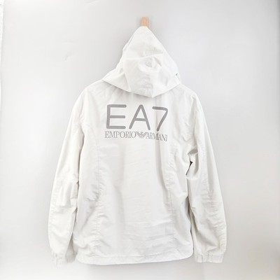 EA7 Emporio Armani Windbreaker Mens Large Silver Logo Hooded Jacket