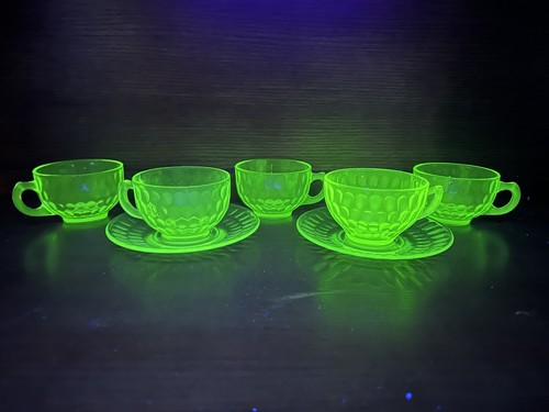 Vintage Federal Glass Raindrops Green Cup & Saucer Set 5 Teacups & 2 Saucers - Picture 21 of 21