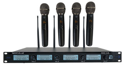 Rockville RWM-4US Quad Wireless UHF 4 Microphone System w/Adjustable Frequency