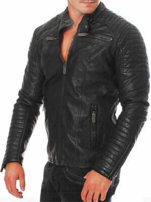 Herren Vintage Cafe Racer Schwarz Echtleder Slim Fit Echt Bikerjacke