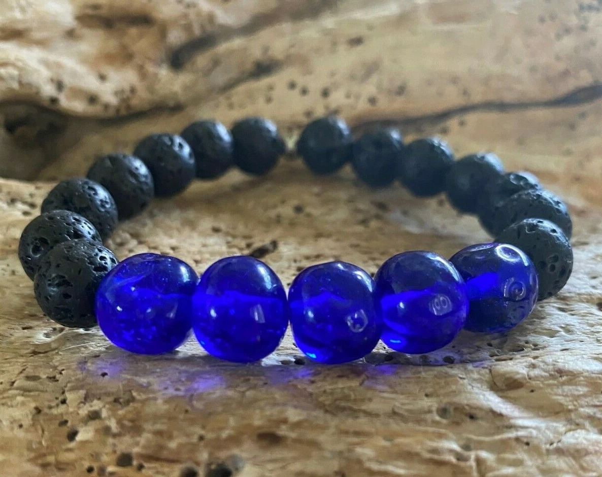 Lava Rock Men Beaded Bracelet 10mm with Sapphire Blue Glass Beads .925  Silver