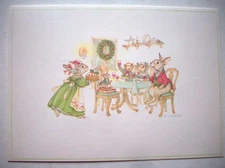 Rabbit family feast plum pudding Lawrence unsigned Christmas greeting card *LT2