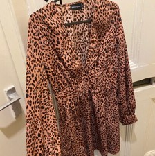 Prettylittlething Pink Long Sleeved Leopard Print Size 6 Dress