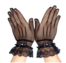 Short Fishnet Gloves with Lace  Diamantes Adult Ladies Fancy Dress Accessory