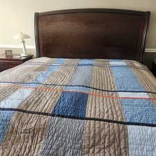 POTTERY BARN Teen Quilt Full Queen Blue Brown Striped Patchwork 86 x 86