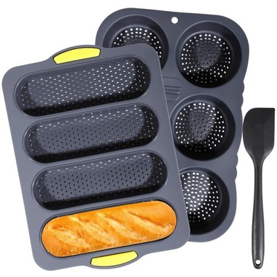 3 PCS Silicone Baguette Hamburger Bun Pan Set NonStick 4 Wave 6 Cup Mold