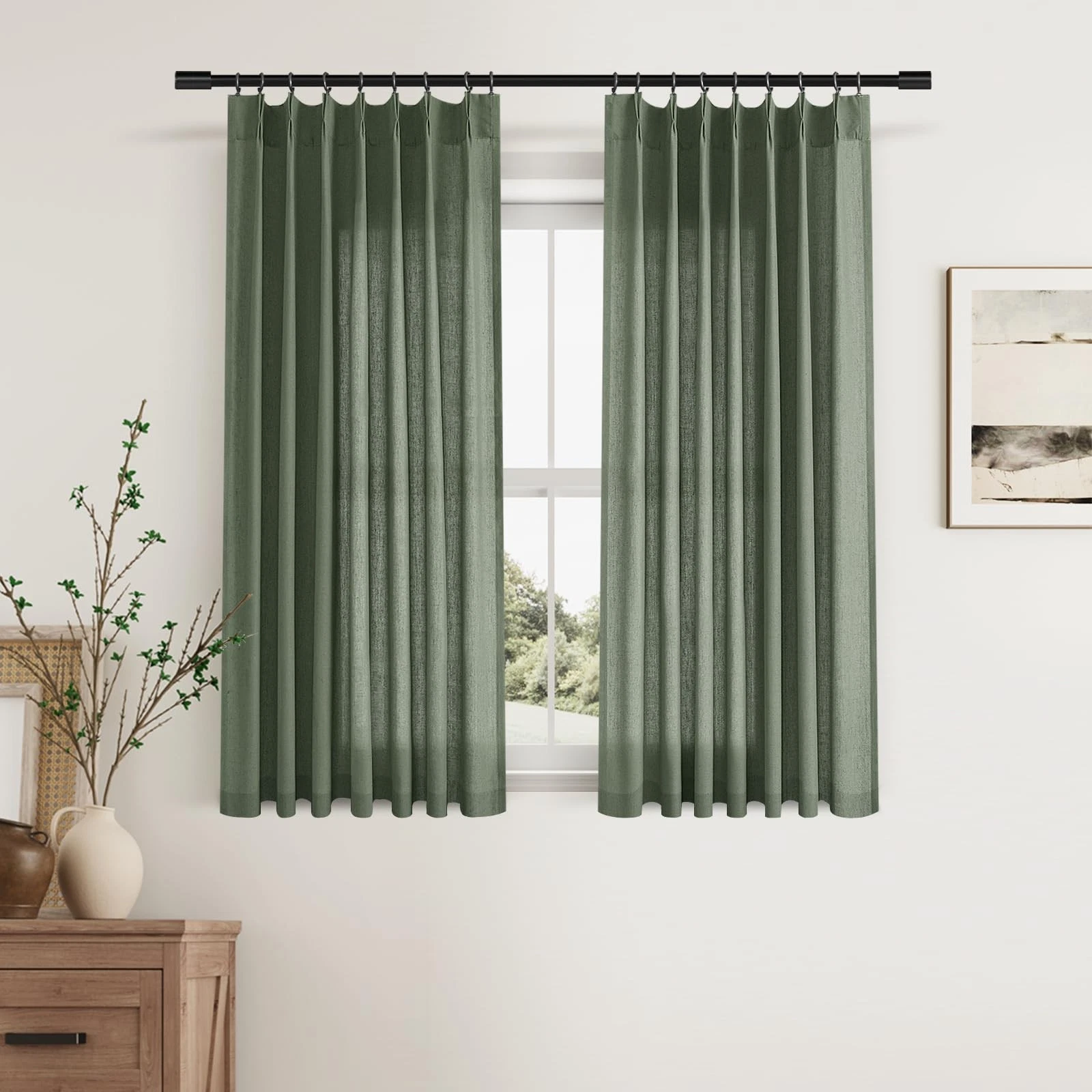 Aersas Olive Green Pinch Pleat Linen Curtains 45 Inch Long for Kitchen Pleate...
