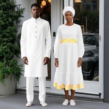 African Wedding Clothes Men Long Jacket Pants Set Women Midi Dress with Headwrap