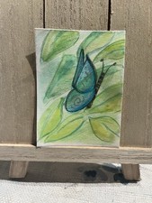 ACEO Original Blue Butterfly Leaf Spring Whimsical illustration Art Card