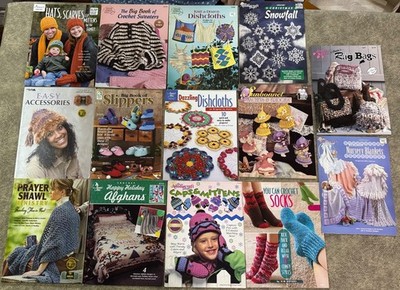 CROCHET pattern books sweaters slippers dishcloths afghan ornaments hats lot 14