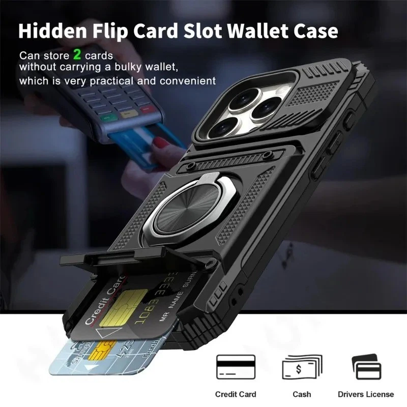 For iPhone 16 15 14 13 12 11 Pro Max XR Shockproof Case Cover Wallet Card Holder - Image 3 of 4