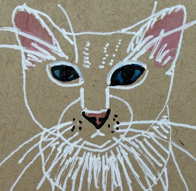 White Cat Drawing ACEO Original Ink Watercolor Whimsical Blue Eyes ATC Art Card