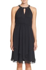 Eliza J Embellished Neck Layered Chiffon Fit & Flare Dress Sz 6 Black