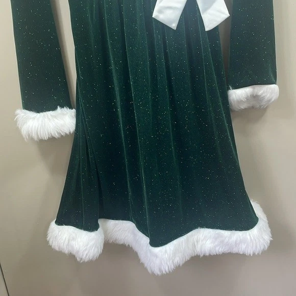 Girls Green Christmas Holiday Dress Sequin White Fur Bow Party - Image 3 of 4