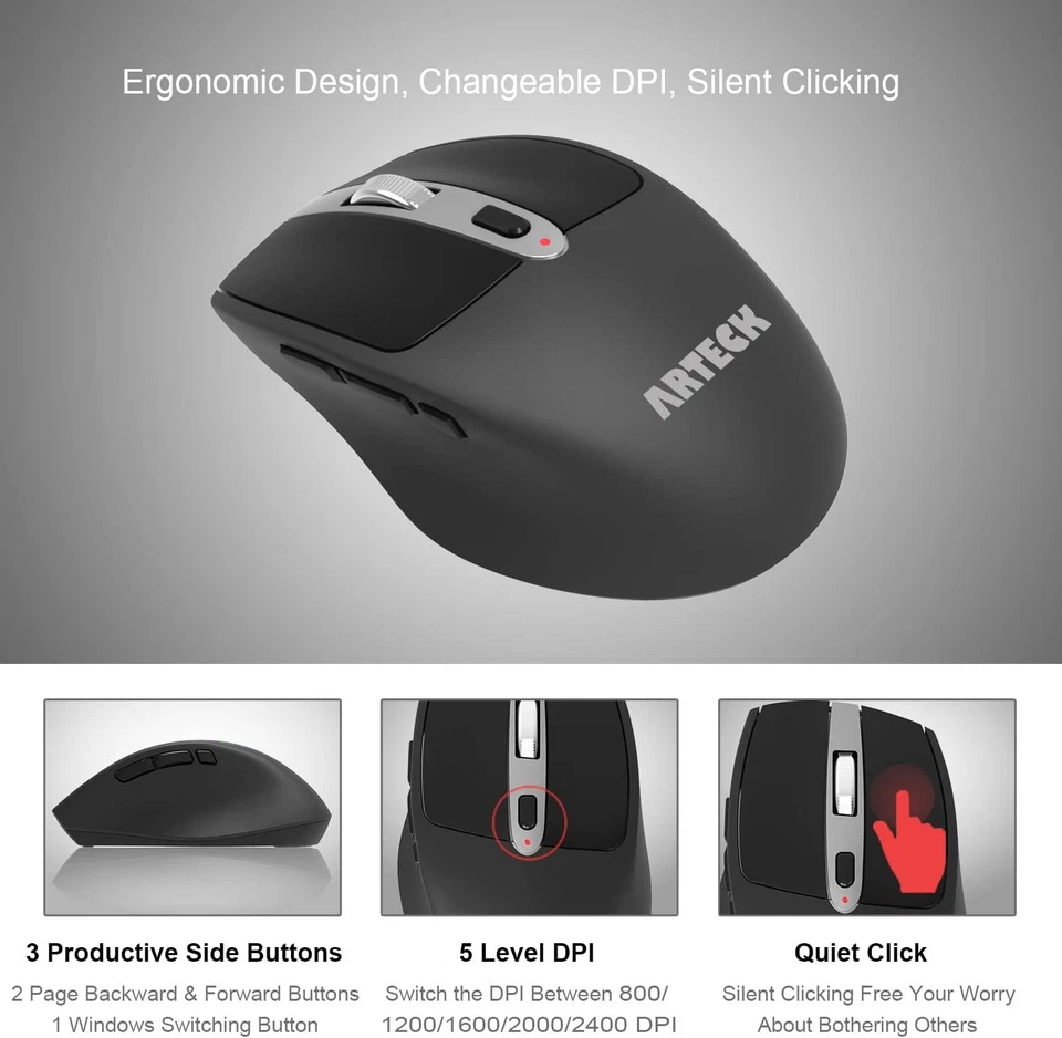 Arteck 2.4G Wireless Mouse with Nano USB Receiver Ergonomic Design Black - Image 2 of 4