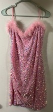 Pink Sequin Feather Accent Sleeveless Bodycon Dress XL, Short, Solid