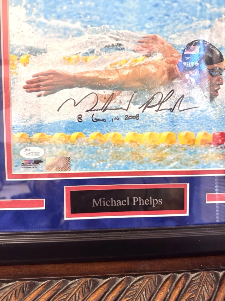Foto firmada por Michael Phelps y la (solo que veo inscrita) enmarcada 16x18 certificado de autenticidad JSA Foto 2 de 2