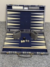 Aries of Beverly Hills Backgammon Game Travel Case Complete Set Gray/Blue Plaid