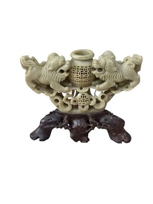 VTG Hand Carved Stone Foo Dog Candle Holder 2pc Soapstone Sculpture
