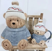 NEW Home For The Holidays Blue Knit Sweater Beanie Baer Canister 12“ And Mug Set