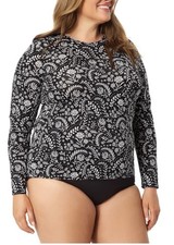 Lands End Women s XXL 20 Black White Floral Rash Guard Swim Top Beach SPF 50