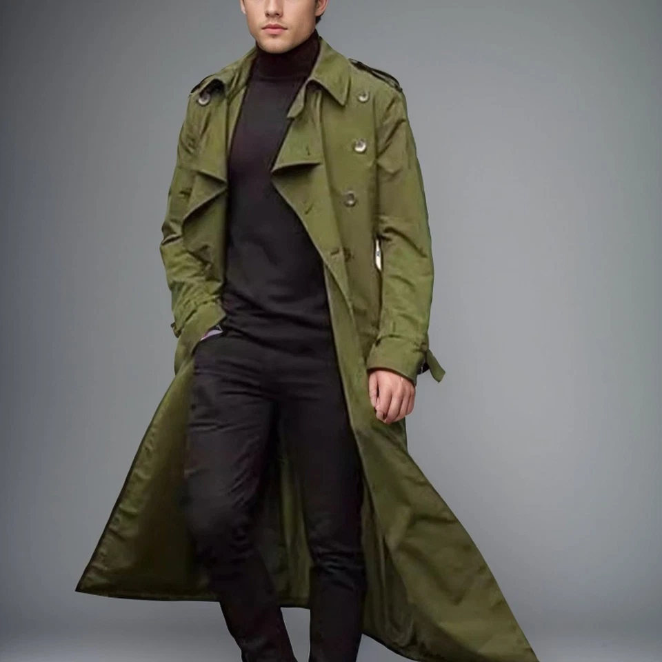 Men's Long Trench Coat Double-Breasted Belted Casual Jacket S-XXXL - Image 3 of 4