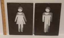 Pair of Metal Men and Women Restroom Bathroom Signs
